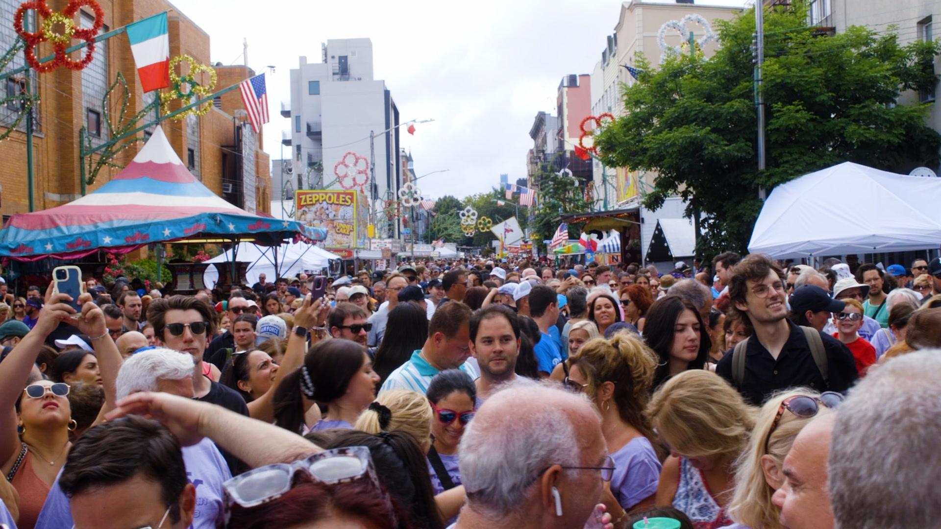 Street parade through a vibrant city neighborhood